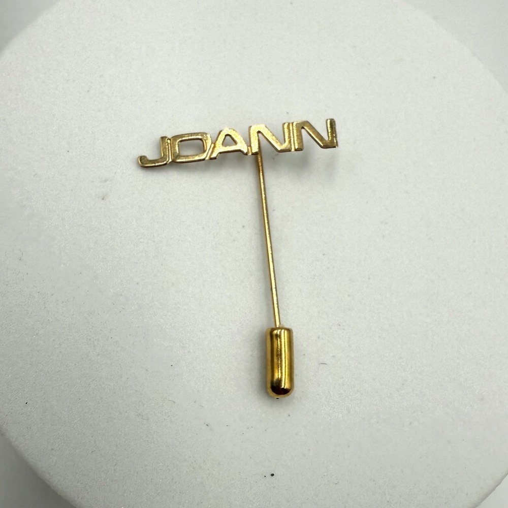 Vintage Joann Name Stick Pin Gold Tone Personalized Script Lapel Hat Pin 2 Inch